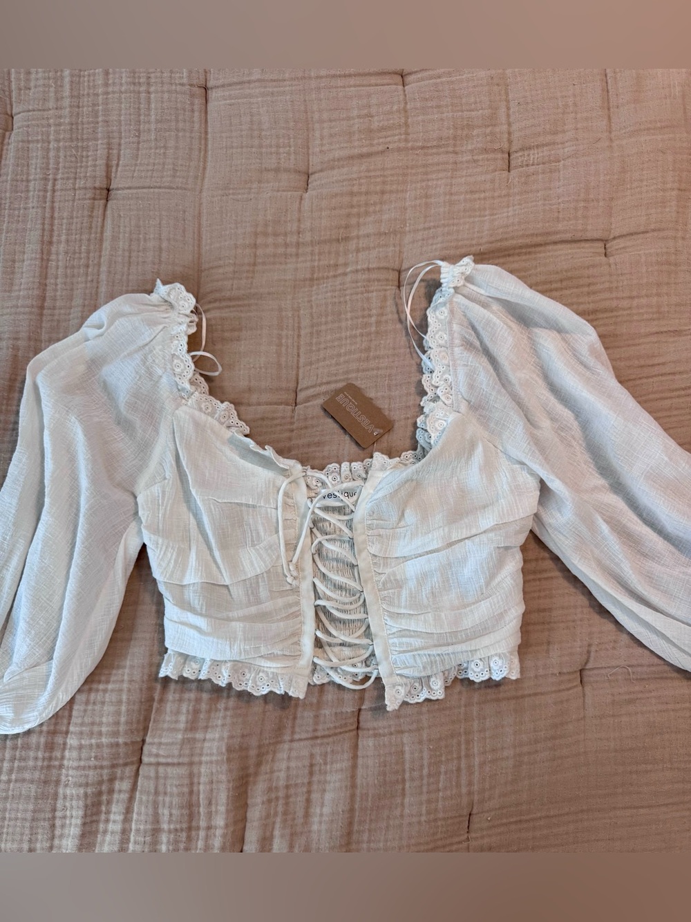 vestique White Lace-Trim Corset Crop Top